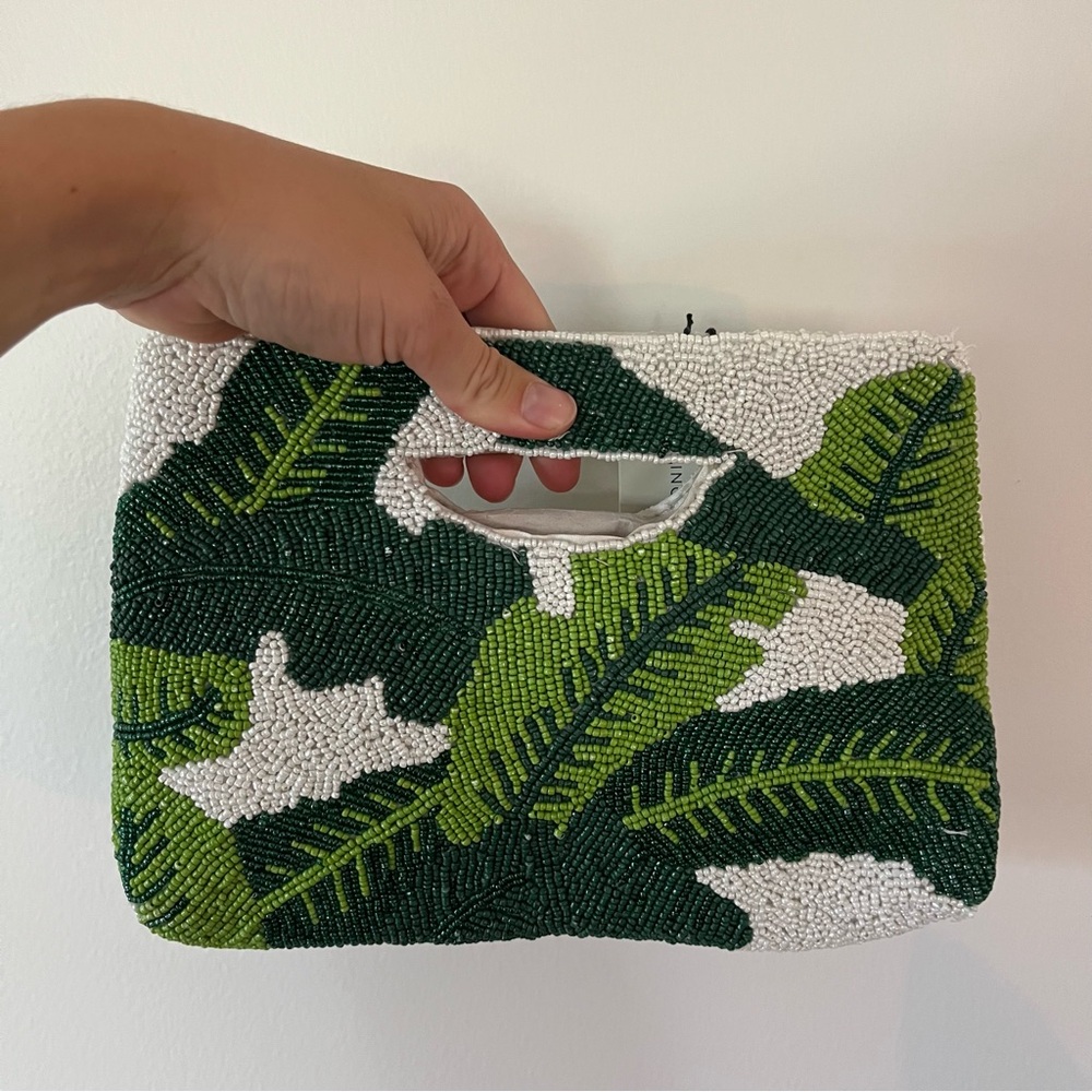 VIRAL Leaf Pattern Jungle Green and White Beaded Clutch NWT